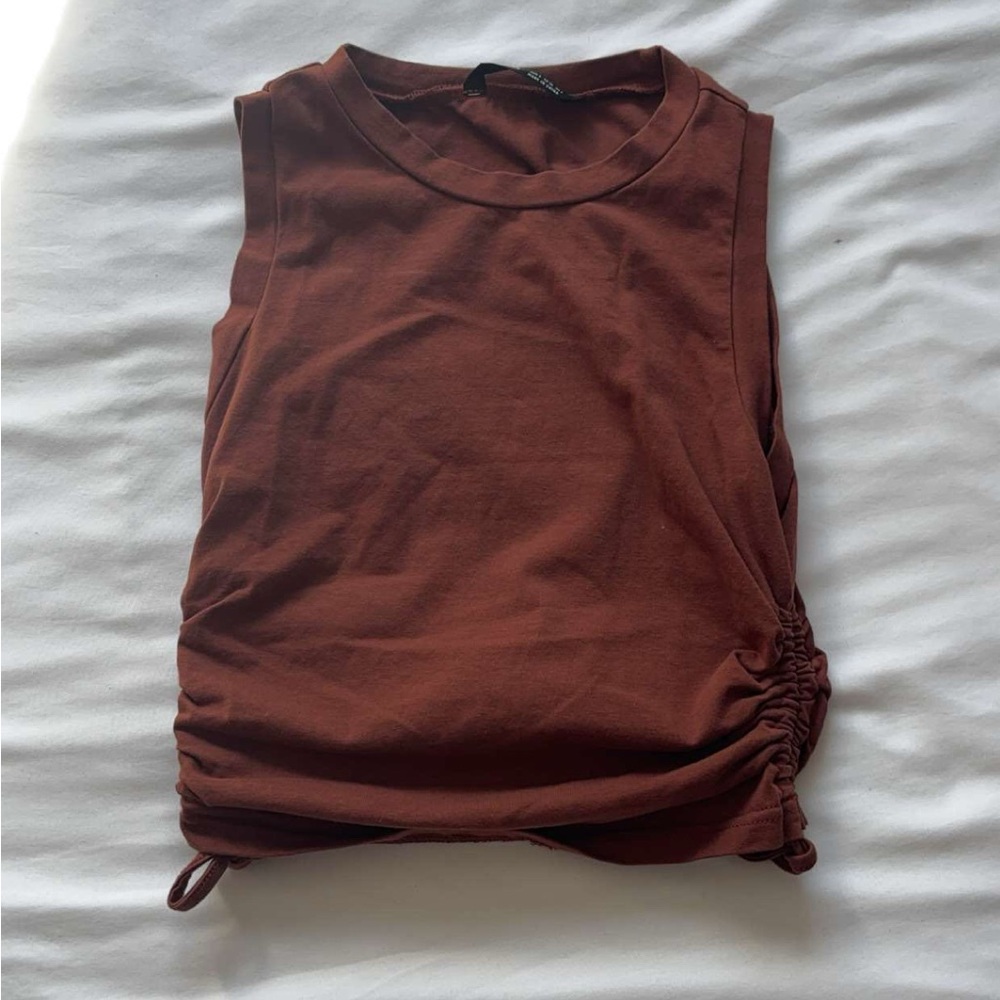 Brown Ruched Tank Top with Adjustable Side